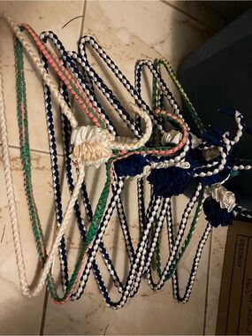 Vintage Handmade Braided Rope Hangers in Navy, White, Pink, Green set of 9